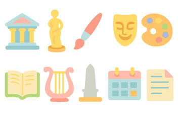 Culture, arts flat icon set. Museums, music, literature icons flat collection