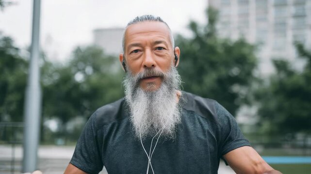 Mature man with headphones and fitness gear works out in a city park, focusing on strength and wellness. His determined expression highlights motivation and vitality in later years