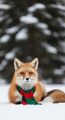 Obraz premium Cute fox wearing a festive Christmas scarf in a snowy winter forest. Wildlife animal in a holiday season setting for greeting card design.