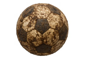 Mud-stained soccer ball isolated on a transparent background, depicting a worn and dirty football after a game