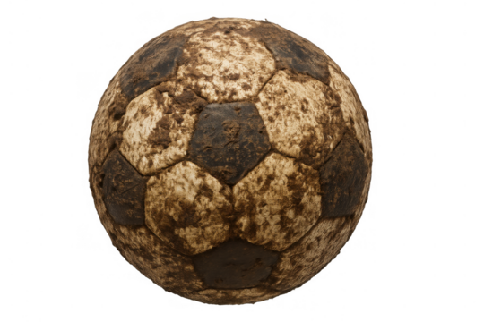 Mud-stained soccer ball isolated on a transparent background, depicting a worn and dirty football after a game
