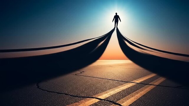 A lone figure stands silhouetted on a long shadow path towards a bright future.