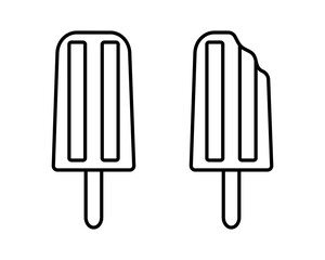 Whole and bitten popsicle icons. Ice cream on stick isolated on white background. Summer freezy desert. Editable stroke. Vector graphic illustration.