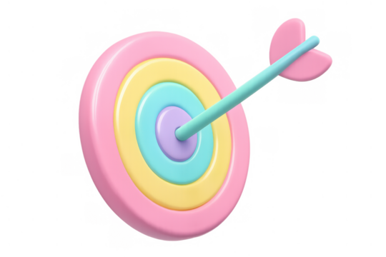 Colorful target with arrow hitting bullseye representing business goals, marketing strategy, accuracy, aiming and success in 3d pastel rendering - Powered by Adobe