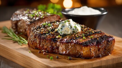 Close Up Shot Of Grilled Steaks With Butter Garnished On Wooden Board With Rosemary And Sauce
