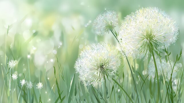 Close Up View of Dandelion Seeds on Green Grass Field with Soft Focus and Bokeh Effect