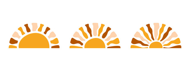 Half sun shapes with wavy rays isolated on whiye background. Sunrise or sunset silhouettes. Spring or summer theme elements. Positive vibes or vacations concept. Funny print. Vector flat illustration.