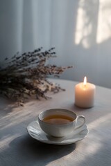A still life photo of black tea in a simple teacup in a minimalist white-toned interior.
