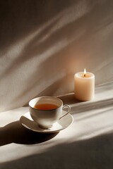 A still life photo of black tea in a simple teacup in a minimalist white-toned interior.