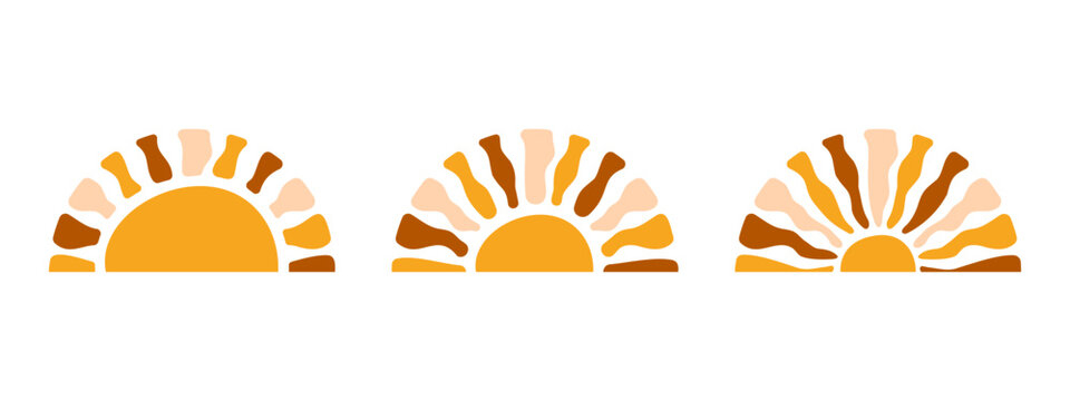 Half sun shapes with wavy rays isolated on whiye background. Sunrise or sunset silhouettes. Spring or summer theme elements. Positive vibes or vacations concept. Funny print. Vector flat illustration.