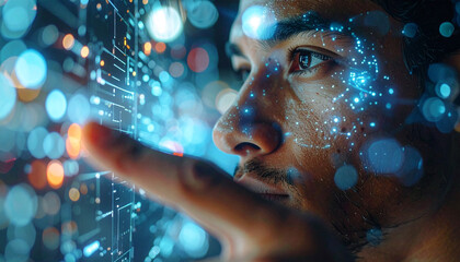 Futuristic Interaction: A focused individual interacts with a luminous, high-tech interface, his gaze fixed on the glowing data stream, representing the cutting edge of digital innovation.