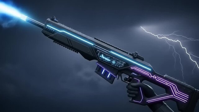 Futuristic Sci-Fi Rifle with Neon Lights and Lightning Effects.
