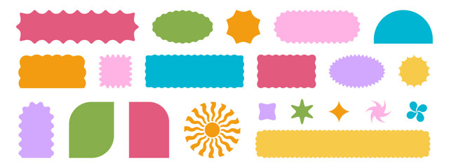 Collection of colorful basic geometric shapes with scalloped edges. Cute y2k forms isolated on white background. Empty textbox, sticker, tag or label templates. Vector flat illustration.