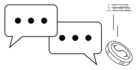 Two speech bubbles for dialogue, a coin for economic value, and books for learning. Ideal for teamwork, conversation, education, consulting, negotiation business communication. Simple flat metaphor