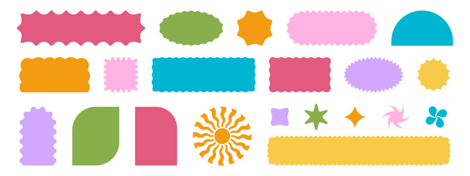 Collection of colorful basic geometric shapes with scalloped edges. Cute y2k forms isolated on white background. Empty textbox, sticker, tag or label templates. Vector flat illustration.