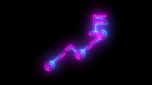 Neon glowing roadmap icon animation depicting a strategic path with milestone flag on dark background.