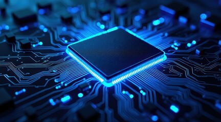A close-up image of a microprocessor on a circuit board, illuminated with blue light, showcasing intricate electronic connections.