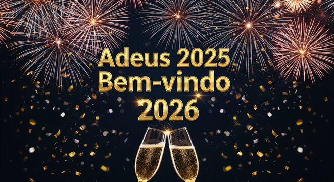 P&ocirc;ster de Ano Novo com texto &ldquo;Adeus 2025, Bem-vindo 2026&rdquo; e fogos de artif&iacute;cio