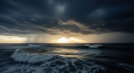 Dramatic seascape with stormy sky and crashing waves at sunset