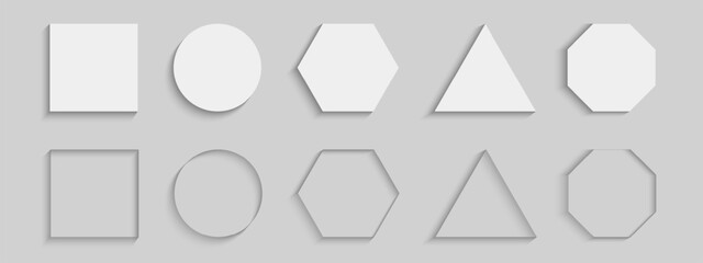 Set of geometric podiums or buttons and shadows. Collection of square and circle, hexagon and octagon, triangle shade shapes isolated on white background. Vector realistic illustration.