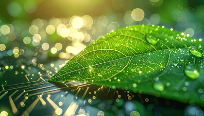Tech-Nature Fusion: A radiant green leaf, adorned with glistening water droplets, nestles upon a sleek circuit board, symbolizing the convergence of technology and nature's inherent beauty.