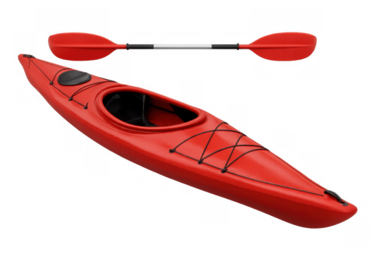 Red recreational kayak and paddle on transparent background, enjoying water sports and outdoor adventure activity