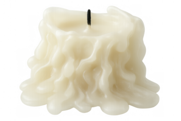 Melted white wax pillar candle with an unlit black wick, creating dripping patterns and a wavy surface on transparent background