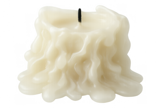 Melted white wax pillar candle with an unlit black wick, creating dripping patterns and a wavy surface on transparent background