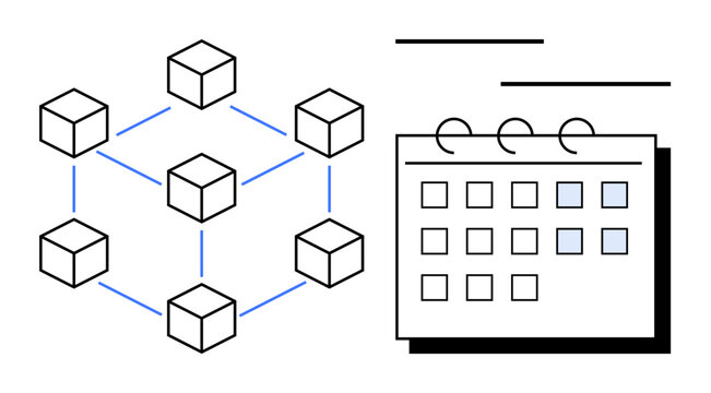 Connected cubes in a blockchain structure beside a calendar highlighting scheduled dates. Ideal for technology, blockchain, time management, planning, data sharing, scheduling, teamwork, simple flat