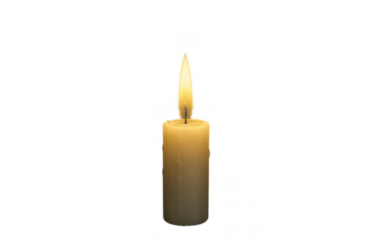 Burning wax candle with a bright golden flame, casting a warm glow. Representing peaceful ambiance, hope, and remembrance