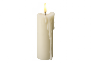 Burning white candle with dripping wax and bright flame providing light on transparent background