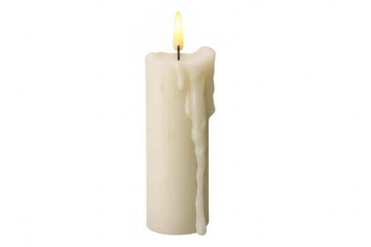 Burning white candle with dripping wax and bright flame providing light on transparent background