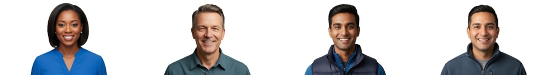 Diverse professional headshots: smiling Black meteorologist, Caucasian botanist, South Asian winter camper, Hispanic superintendent. Isolated on transparent background, ideal for corporate, career,