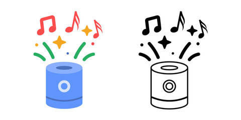 Smart speaker celebration sound icon featuring a speaker with floating music notes and sparkles. Great for festive music themes, holiday playlists, and joyful audio designs.