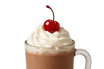 Hot chocolate drink with whipped cream and cherry on top, delicious sweet beverage on transparent background