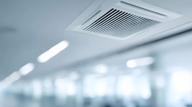 Square ceiling mounted air conditioner unit on white office ceiling for cooling and ventilation in commercial building