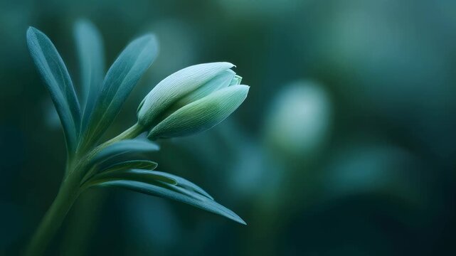 Close up of an unopened flower bud with green leaves in a moody botanical garden. Nature and growth concept for spring.