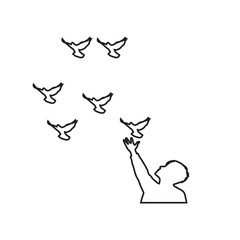 Line art of a person releasing birds to freedom.