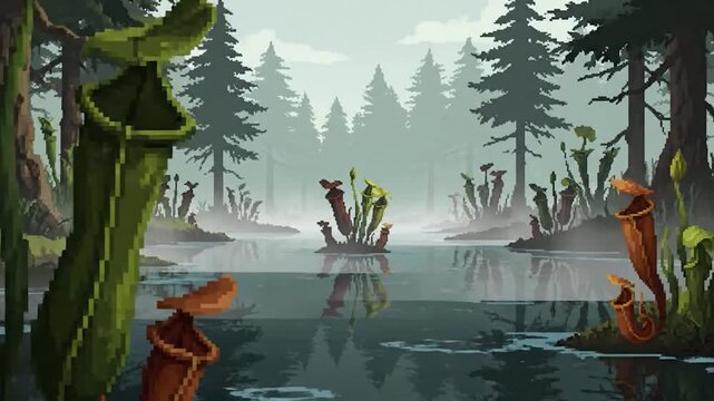 A pixelated landscape showcasing carnivorous plants in a marsh, with blurred trees and reflections