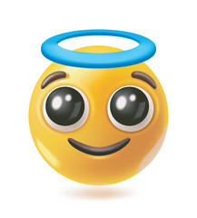 Smiling yellow emoji with large glossy eyes and blue halo, glossy cartoon style, on white background. Concept of innocence, purity, and kindness. Vector illustration