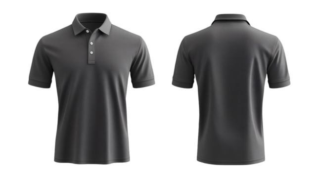 Plain Dark Gray Polo Shirt Mockup Front and Back Views 3D Rendering on transparent background