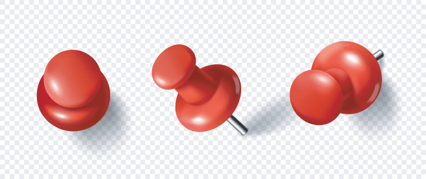 Realistic red push pins shown from different angles with shadows, designed in a glossy style on a transparent background. Concept of office and stationery tools. Vector illustration
