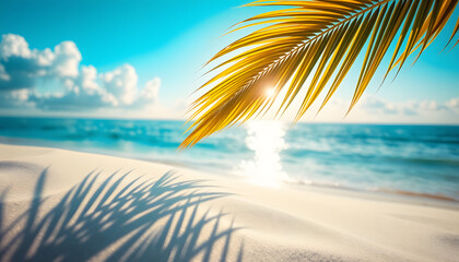 palm leaf shadow on abstract white sand beach background, sun lights on water surface, beautiful abstract background concept banner for summer vacation at the beach, Dreamy. White tone