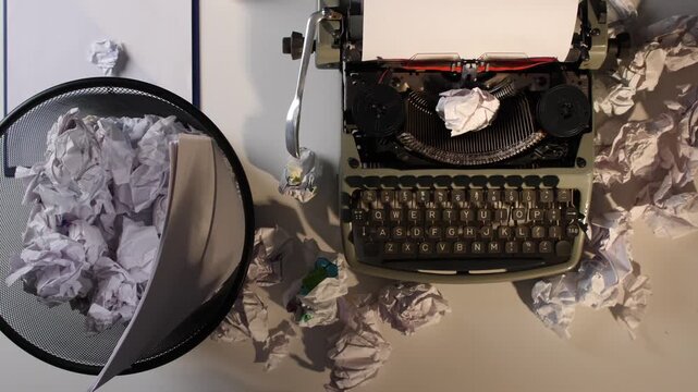 Writer's hands interacting with an old typewriter on a desk surrounded by crumpled paper, symbolizing creative struggles, frustration, and the challenging process of writing