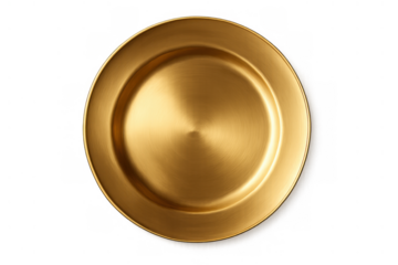 Gold metal plate presenting a luxurious empty round metallic surface. Top view of tableware ideal for exclusive dining projects