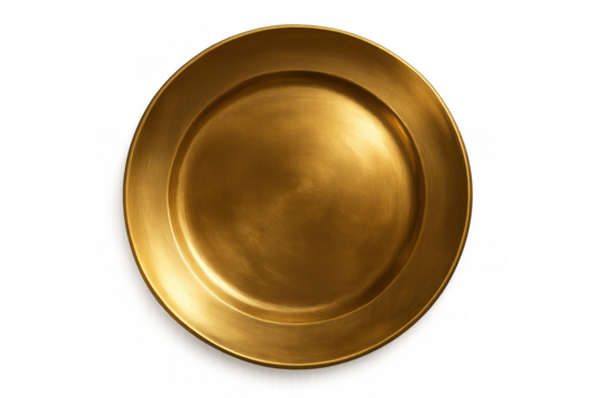 Empty shiny gold metal plate, round charger dish, premium tableware for elegant dining, transparent background