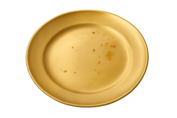 Dirty gold plate showing food stains, a used metallic dish after eating, concept of mess and leftovers on transparent background