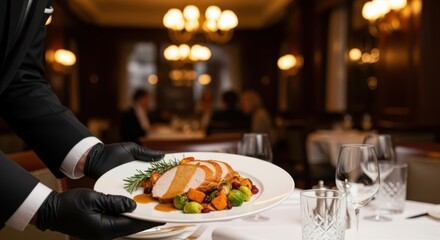 A waiter in a black suit and gloves serves a festive Thanksgiving dinner plate with turkey and colorful vegetables in an elegant restaurant setting.