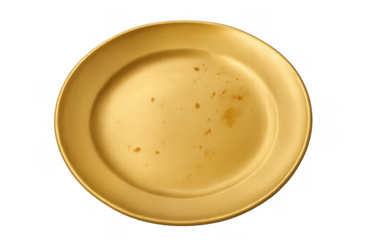 Dirty gold plate showing food stains, a used metallic dish after eating, concept of mess and leftovers on transparent background