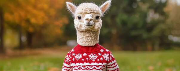 Obraz premium Alpaca christmas sweater red white snowflake pattern animal cute outdoors autumn grass tree nature festive holiday winter wool mammal funny happy